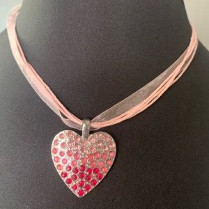 Necklace heart pink pave pendant on ribbon choker